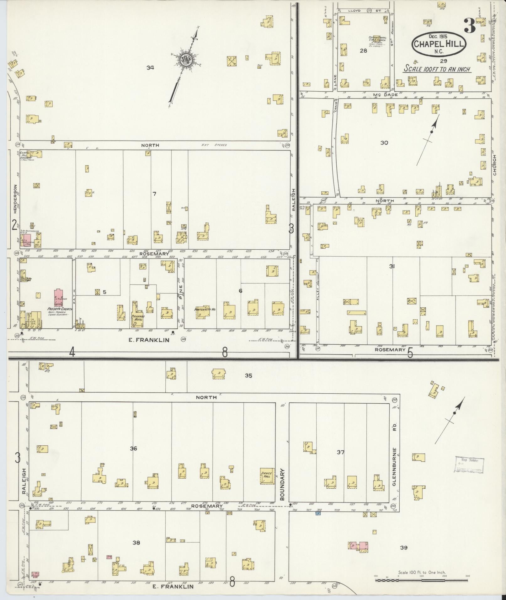 Sanborn Fire Insurance Map from Chapel Hill, Orange County, North Carolina (1915), Sheet #0003 - Historic Sanborn Fire Insurance Map Print, vintage old map wall art, antique decor, genealogy gift, North Carolina North Carolina map