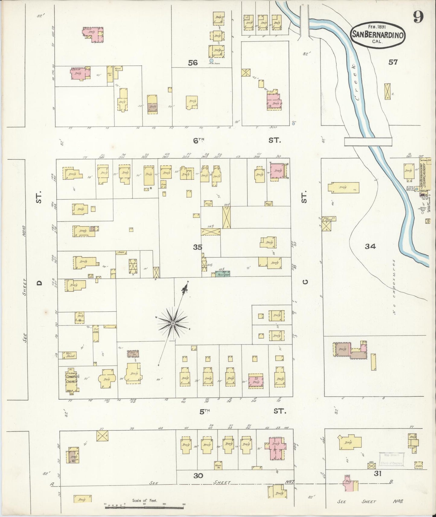 Sanborn Fire Insurance Map from San Bernardino, San Bernardino County, California (1891), Sheet #0009 - Complete Map Set gallery image, historic Sanborn map, vintage wall art, California California