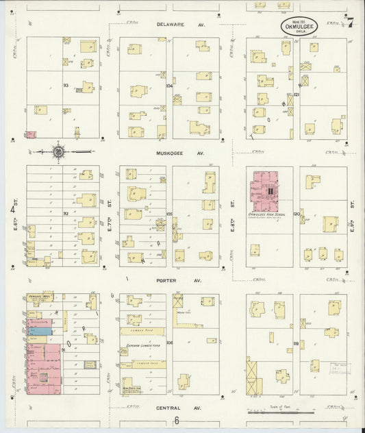 Sanborn Fire Insurance Map from Okmulgee, Okmulgee County, Oklahoma (1911), Sheet #0007 - Historic Sanborn Fire Insurance Map Print, vintage old map wall art, antique decor, genealogy gift, Oklahoma Oklahoma map
