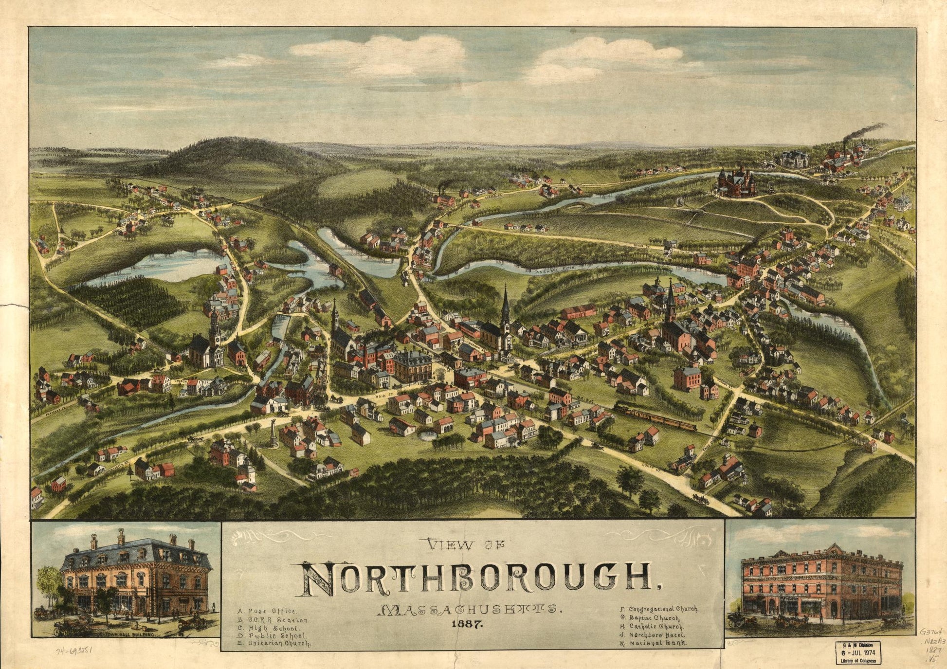 View of Northborough, Massachusetts, 1887. (1887) – Historic Bird’s-Eye View Panorama Print