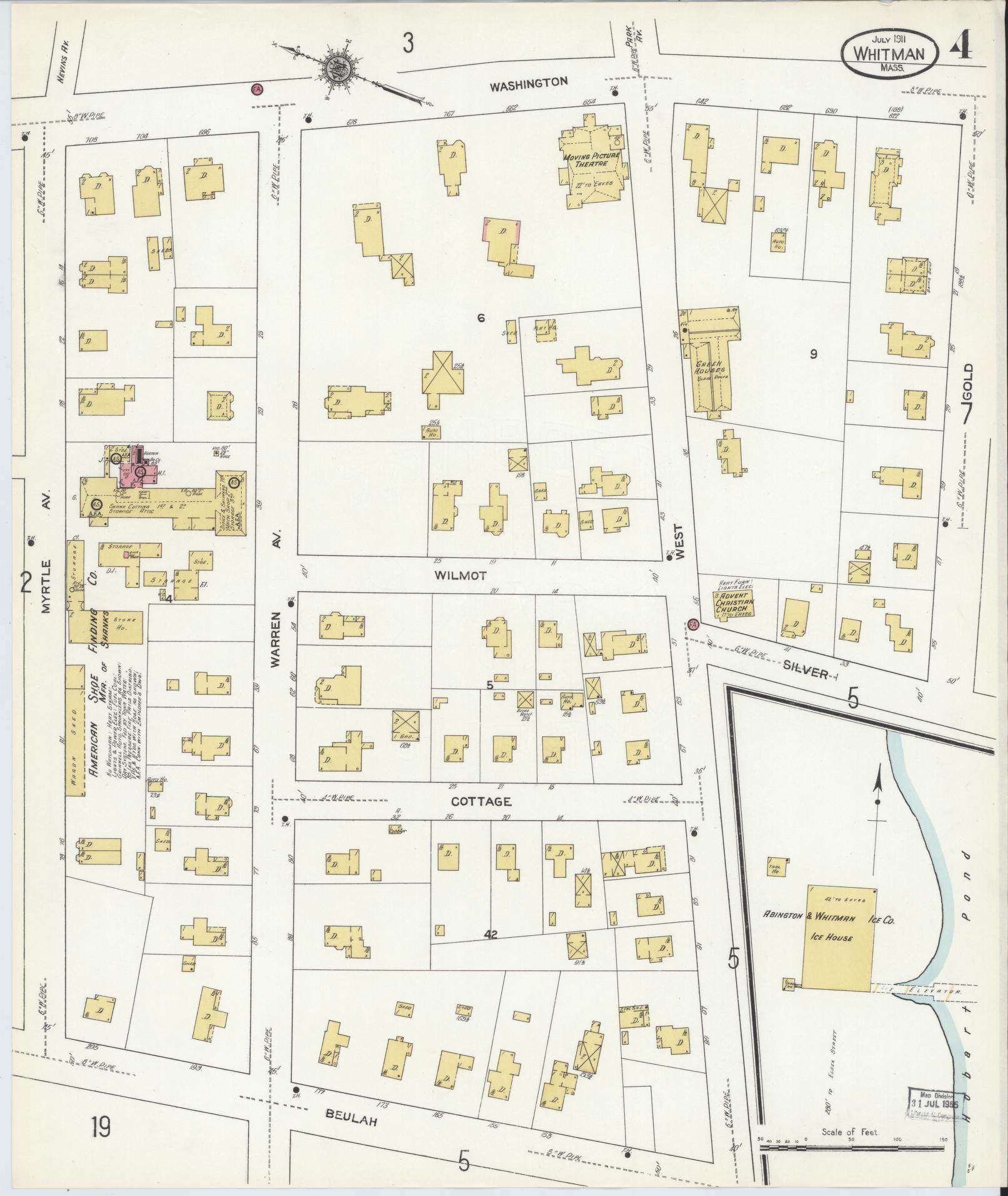 Sanborn Fire Insurance Map from Whitman, Plymouth County, Massachusetts (1911), Sheet #0004 - Historic Sanborn Fire Insurance Map Print, vintage old map wall art, antique decor, genealogy gift, Massachusetts Massachusetts map