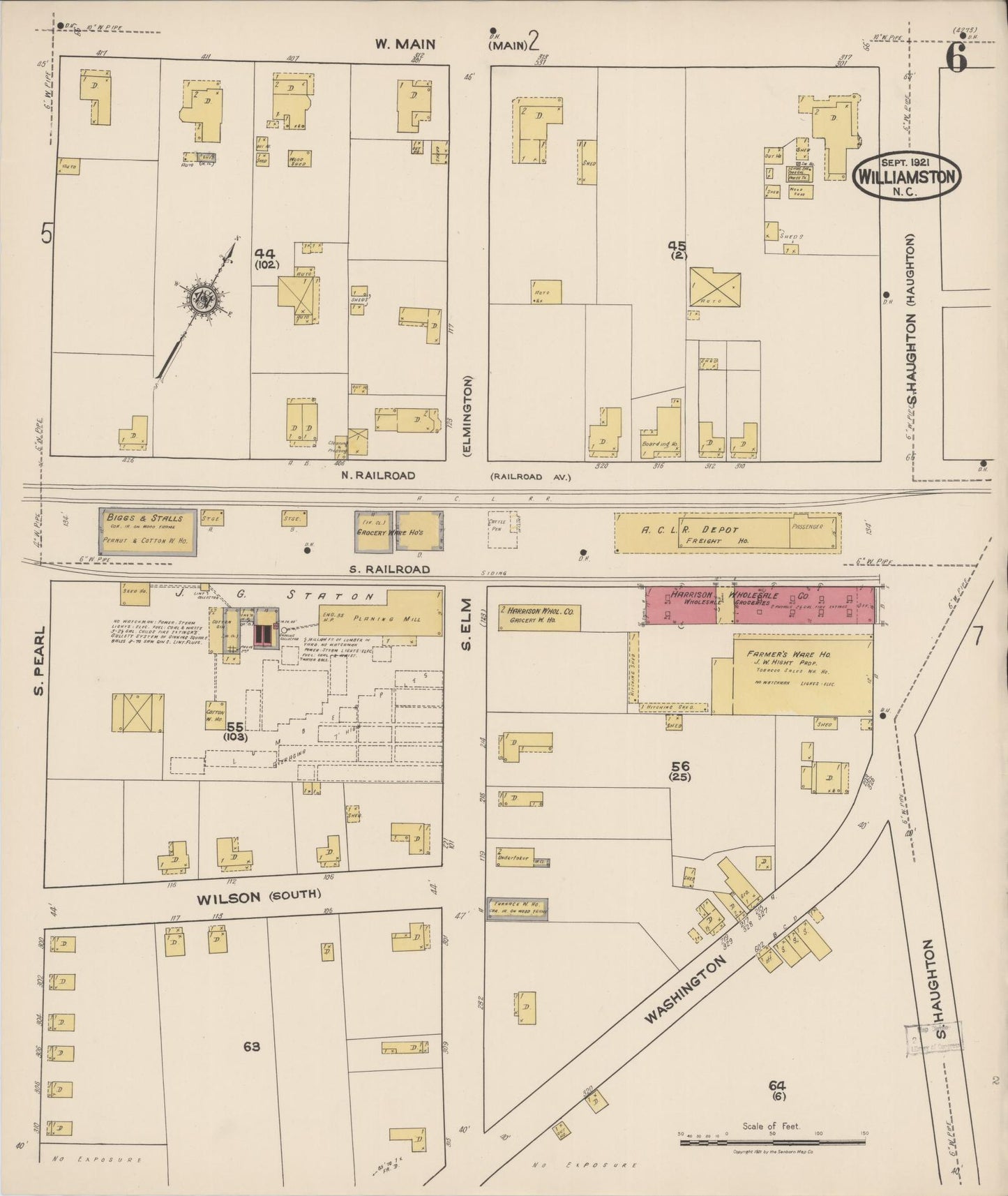 Sanborn Fire Insurance Map from Williamston, Martin County, North Carolina (1921), Sheet #0006 - Complete Map Set gallery image, historic Sanborn map, vintage wall art, North Carolina North Carolina