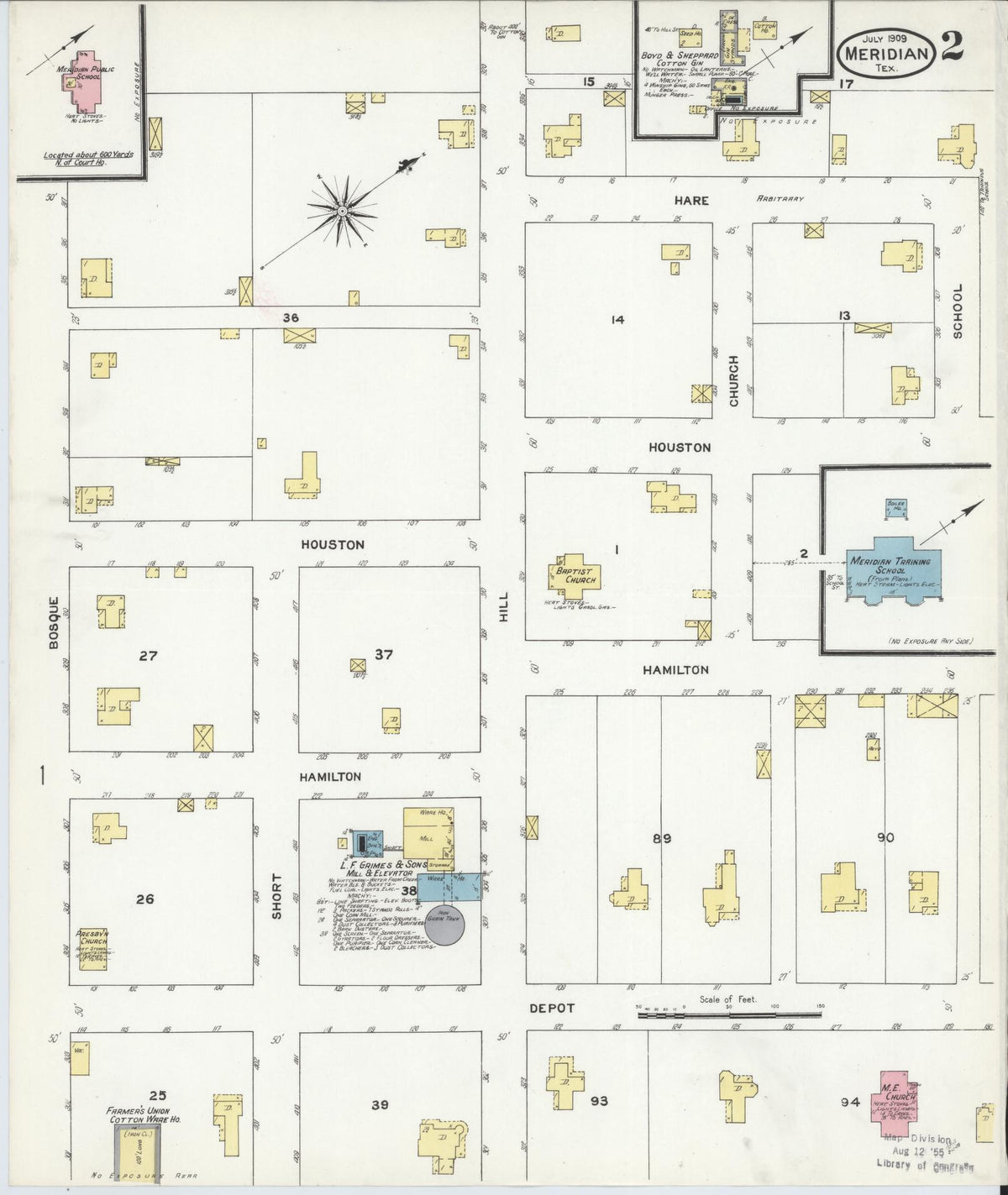 Sanborn Fire Insurance Map from Meridian, Bosque County, Texas (1909), Sheet #0002 - Complete Map Set gallery image, historic Sanborn map, vintage wall art, Texas Texas