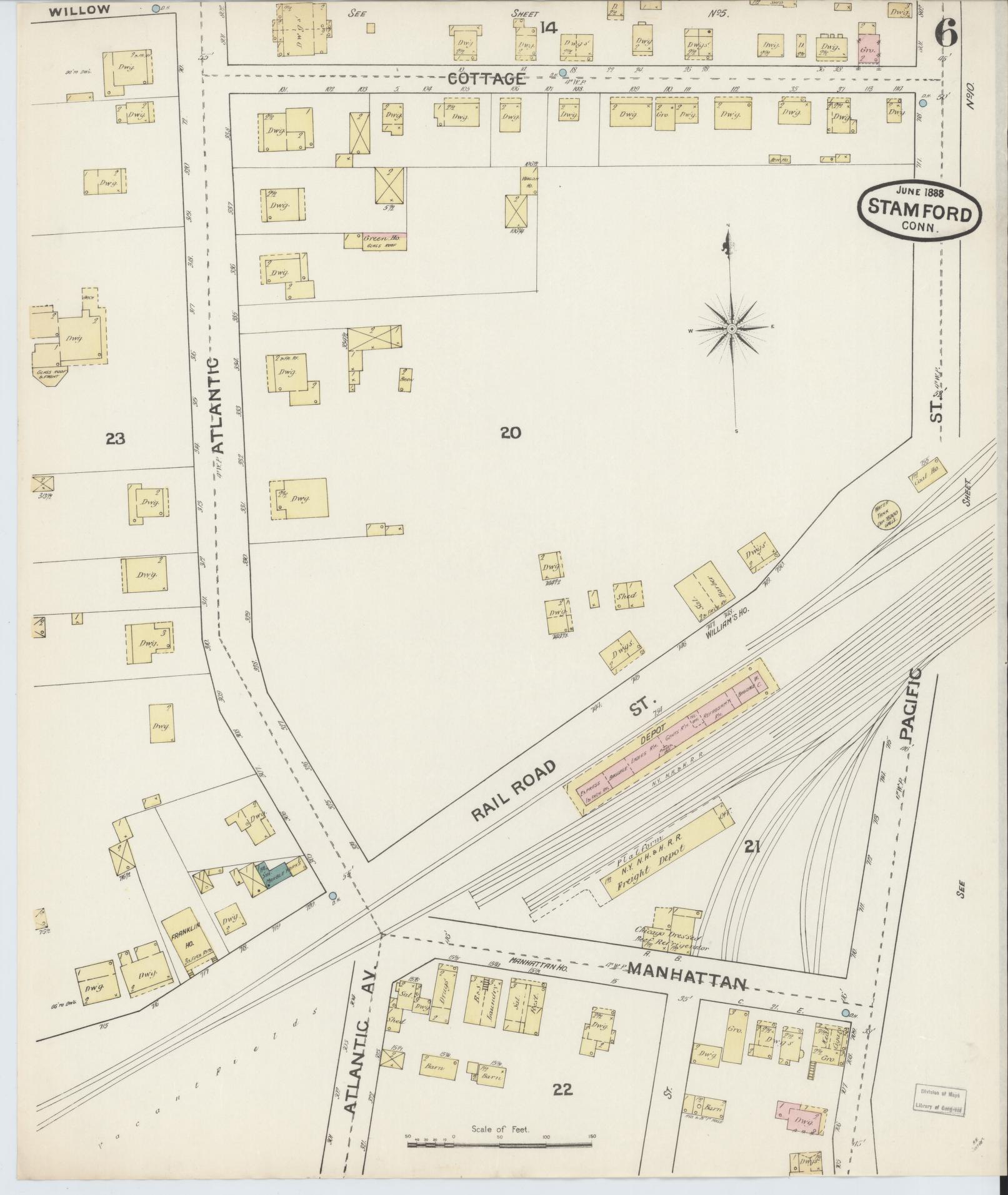 Sanborn Fire Insurance Map from Stamford, Fairfield County, Connecticut (1888), Sheet #0006 - Complete Map Set gallery image, historic Sanborn map, vintage wall art, Connecticut Connecticut