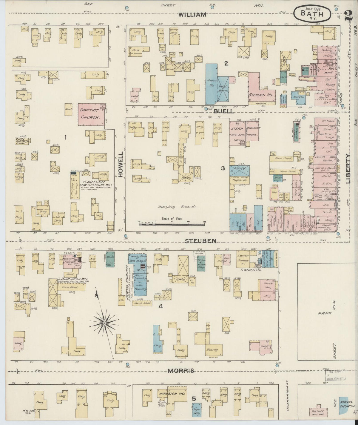 Sanborn Fire Insurance Map from Bath, Steuben County, New York (1888), Sheet #0002 - Complete Map Set gallery image, historic Sanborn map, vintage wall art, New York New York