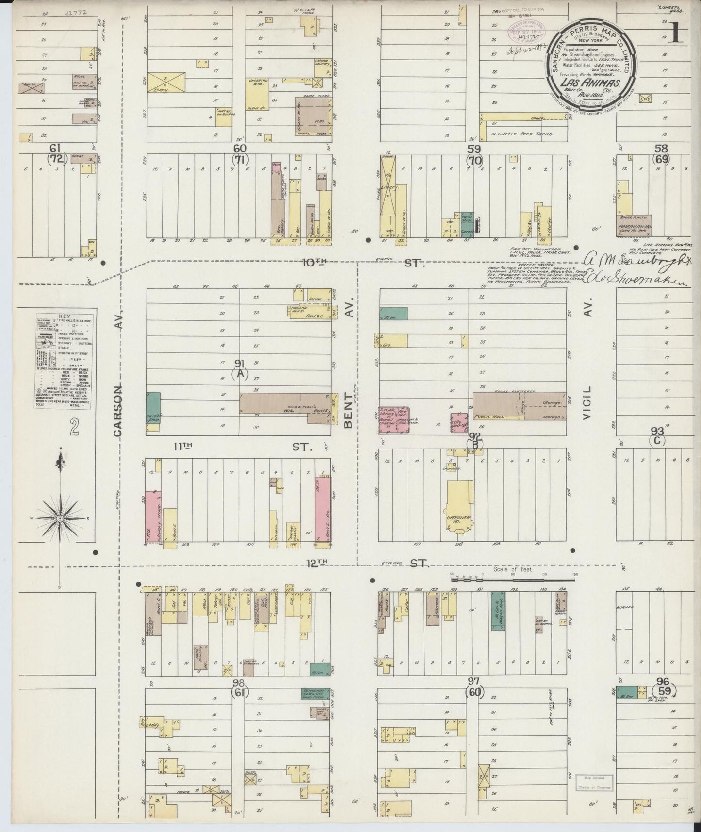 Sanborn Fire Insurance Map from Las Animas, Bent County, Colorado (1893), Sheet #0001 - Complete Map Set gallery image, historic Sanborn map, vintage wall art, Colorado Colorado