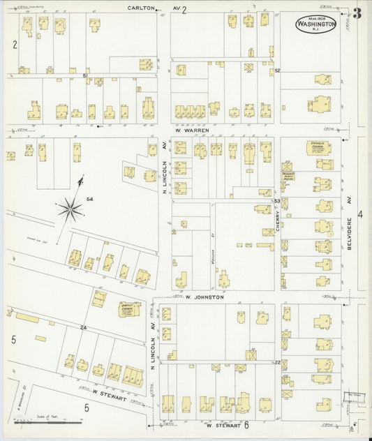 Sanborn Fire Insurance Map from Washington, Warren County, New Jersey (1909), Sheet #0003 - Historic Sanborn Fire Insurance Map Print, vintage old map wall art, antique decor, genealogy gift, Washington Washington map