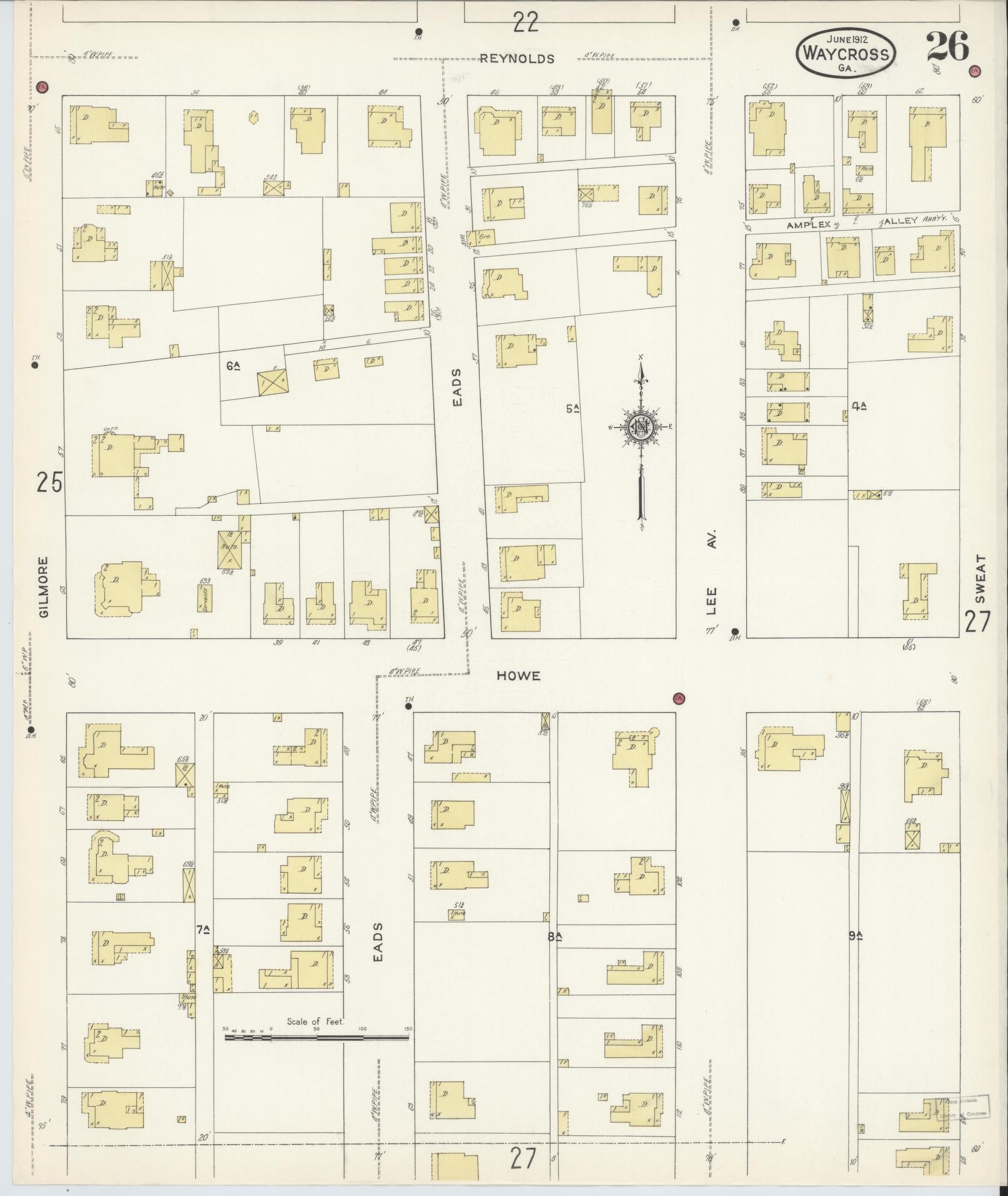 Sanborn Fire Insurance Map from Waycross, Ware County, Georgia (1913), Sheet #0026 - Historic Sanborn Fire Insurance Map Print, vintage old map wall art, antique decor, genealogy gift, Georgia Georgia map
