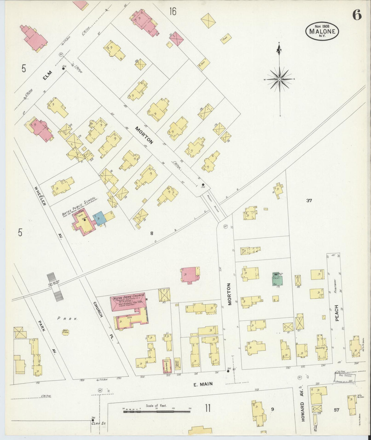 Sanborn Fire Insurance Map from Malone, Franklin County, New York (1908), Sheet #0006 - Complete Map Set gallery image, historic Sanborn map, vintage wall art, New York New York