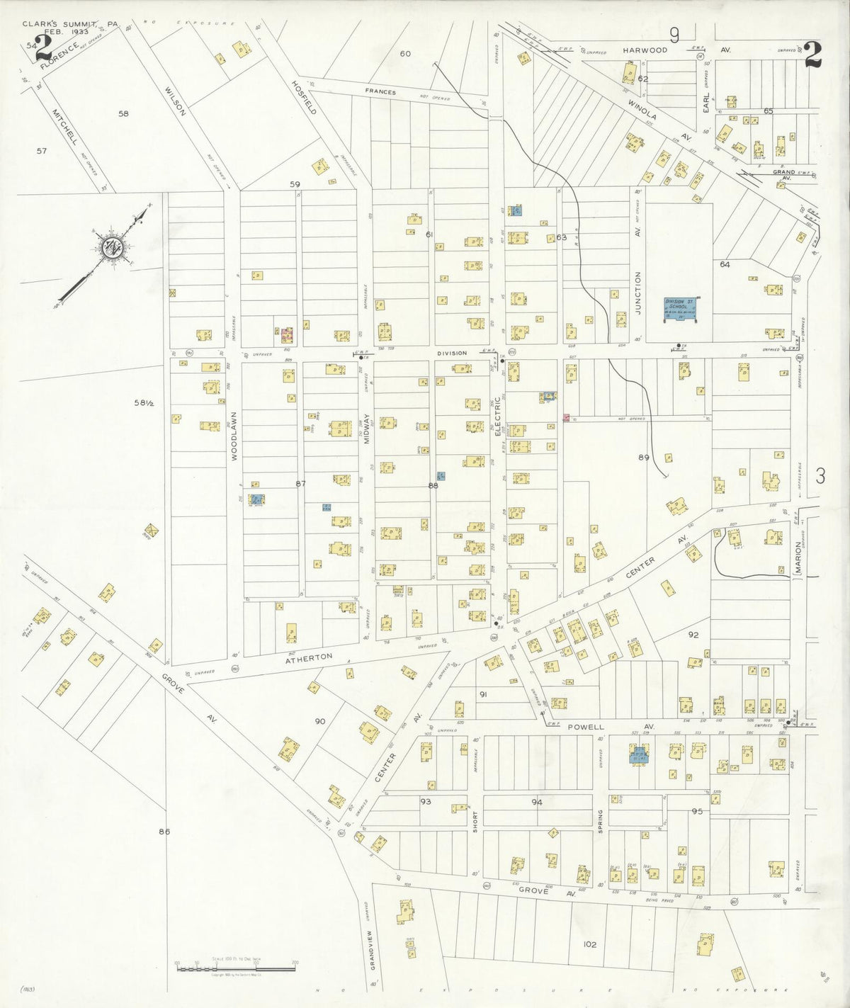 Sanborn Fire Insurance Map from Clark's Summit, Lackawanna County, Pennsylvania (1933), Sheet #0002 - Complete Map Set gallery image, historic Sanborn map, vintage wall art, Pennsylvania Pennsylvania