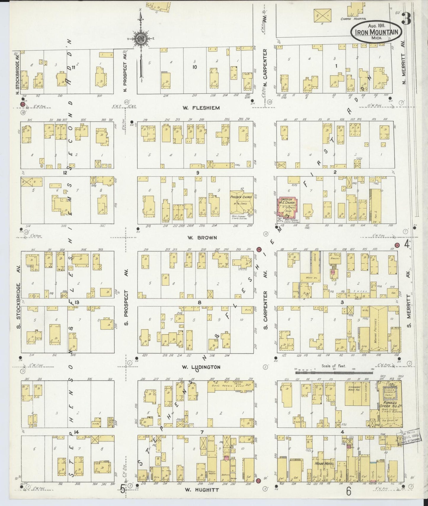 Sanborn Fire Insurance Map from Iron Mountain, Dickinson County, Michigan (1911), Sheet #0003 - Historic Sanborn Fire Insurance Map Print, vintage old map wall art, antique decor, genealogy gift, Michigan Michigan map