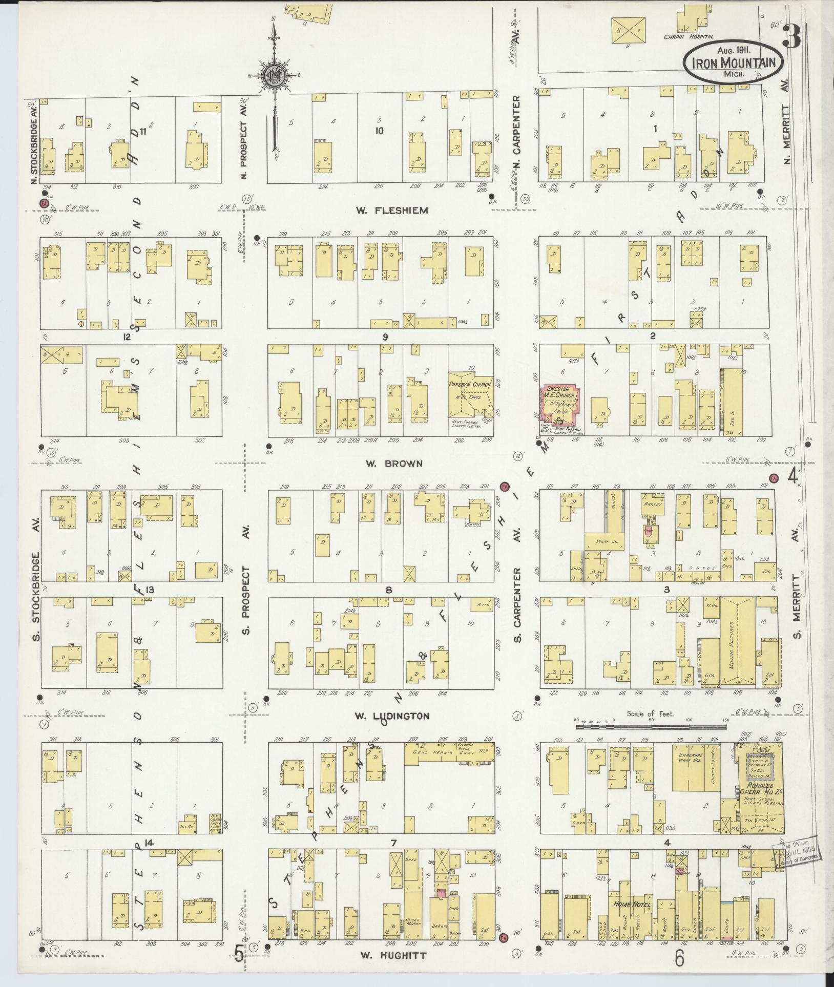 Sanborn Fire Insurance Map from Iron Mountain, Dickinson County, Michigan (1911), Sheet #0003 - Historic Sanborn Fire Insurance Map Print, vintage old map wall art, antique decor, genealogy gift, Michigan Michigan map