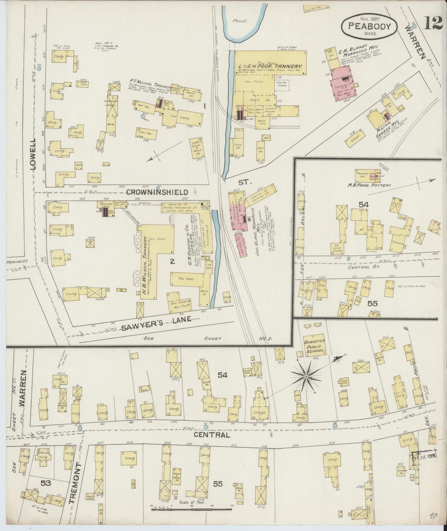 Sanborn Fire Insurance Map from Peabody, Essex County, Massachusetts (1887), Sheet #0012 - Historic Sanborn Fire Insurance Map Print, vintage old map wall art, antique decor, genealogy gift, Massachusetts Massachusetts map