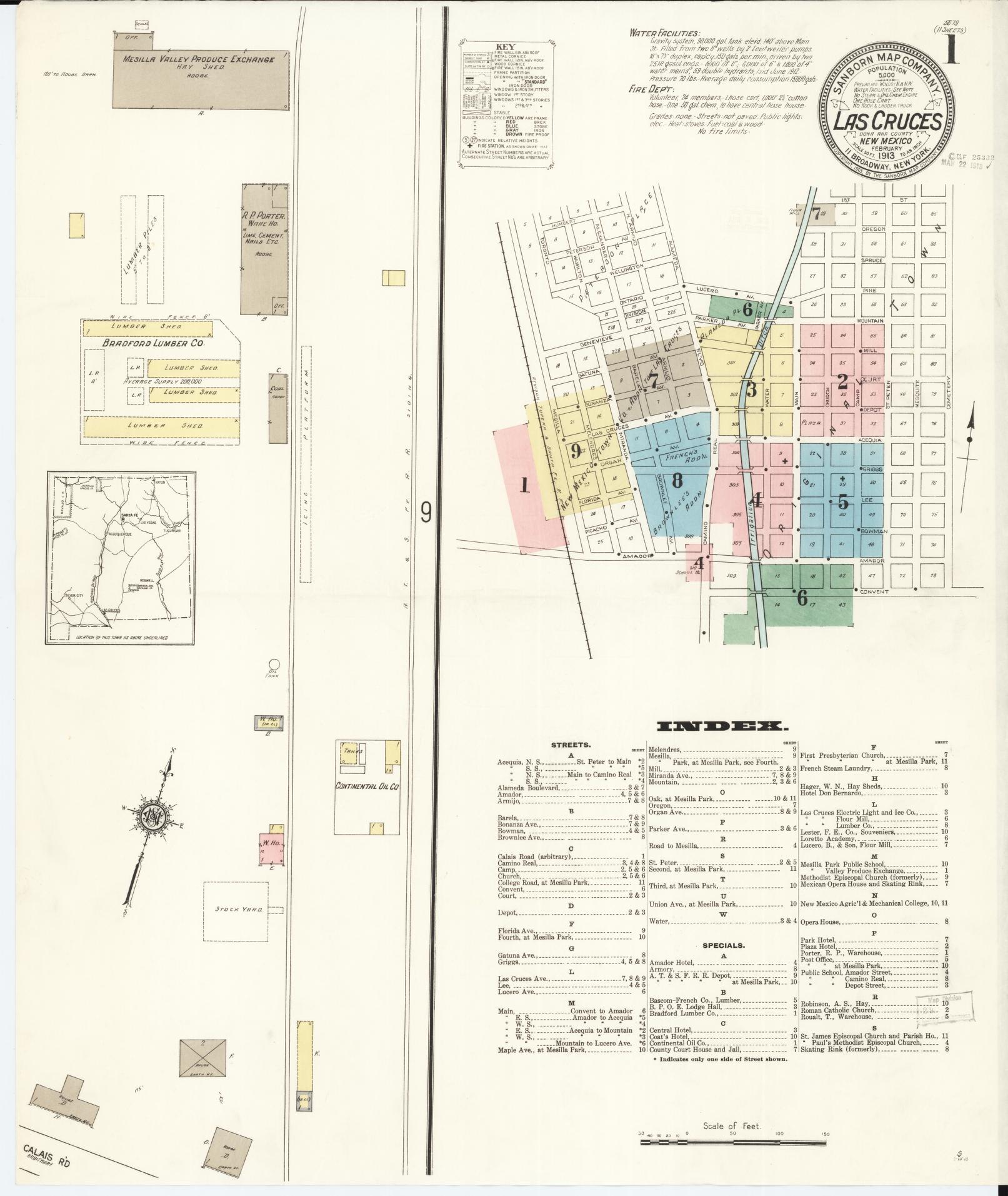 Sanborn Fire Insurance Map from Las Cruces, Dona Ana County, New Mexico (1913), Sheet #0001 - Complete Map Set gallery image, historic Sanborn map, vintage wall art, New Mexico New Mexico