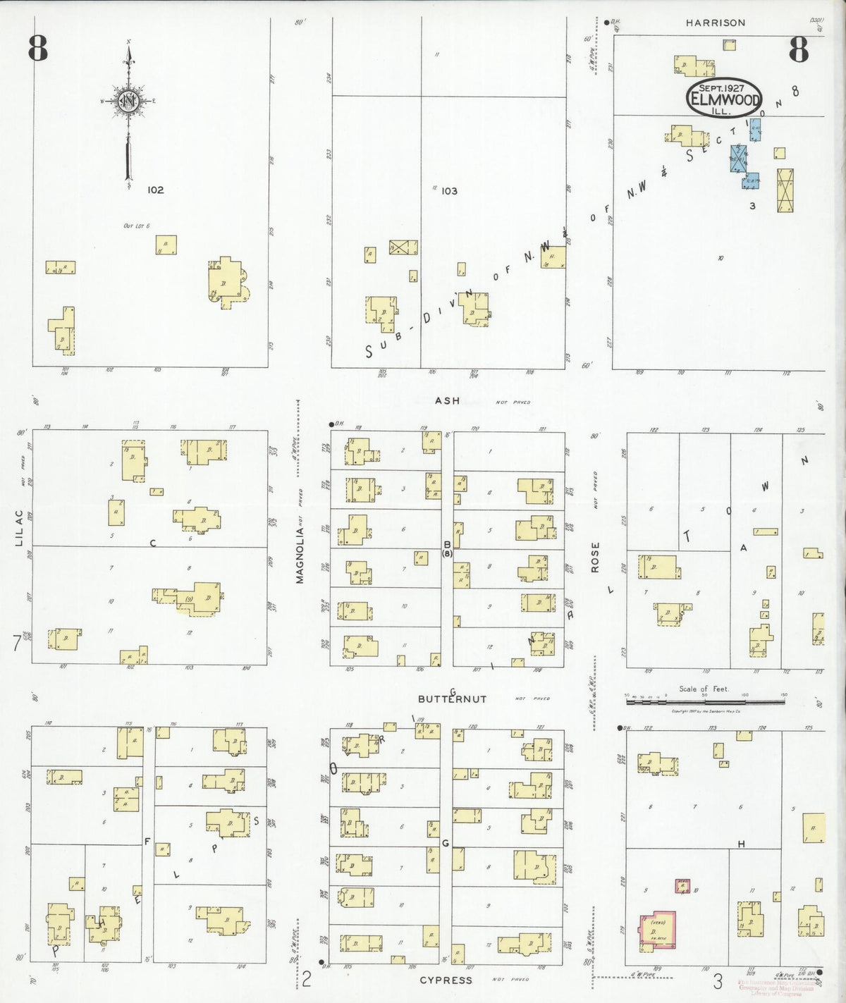 Sanborn Fire Insurance Map from Elmwood, Peoria County, Illinois (1927), Sheet #0008 - Complete Map Set gallery image, historic Sanborn map, vintage wall art, Illinois Illinois