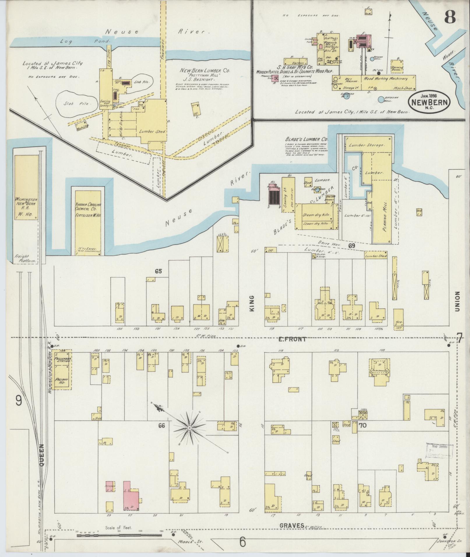 Sanborn Fire Insurance Map from New Bern, Craven County, North Carolina (1898), Sheet #0008 - Historic Sanborn Fire Insurance Map Print, vintage old map wall art, antique decor, genealogy gift, North Carolina North Carolina map