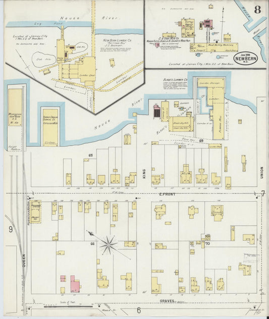 Sanborn Fire Insurance Map from New Bern, Craven County, North Carolina (1898), Sheet #0008 - Historic Sanborn Fire Insurance Map Print, vintage old map wall art, antique decor, genealogy gift, North Carolina North Carolina map