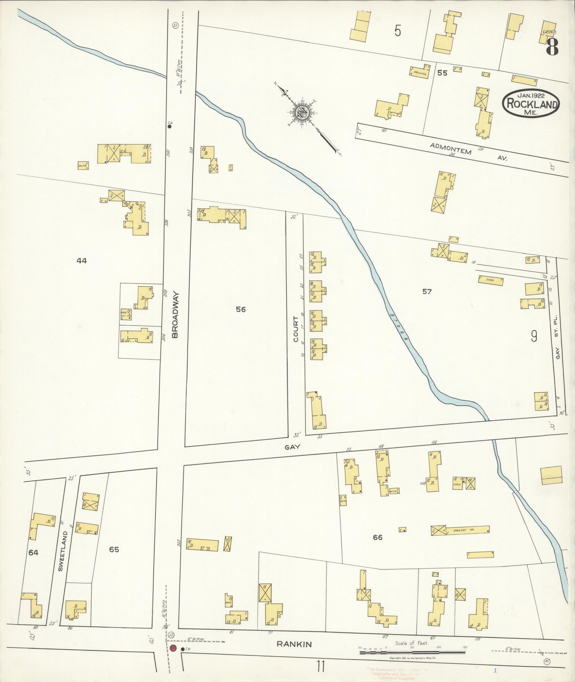 Sanborn Fire Insurance Map from Rockland, Knox County, Maine (1922), Sheet #0008 - Historic Sanborn Fire Insurance Map Print, vintage old map wall art, antique decor, genealogy gift, Maine Maine map