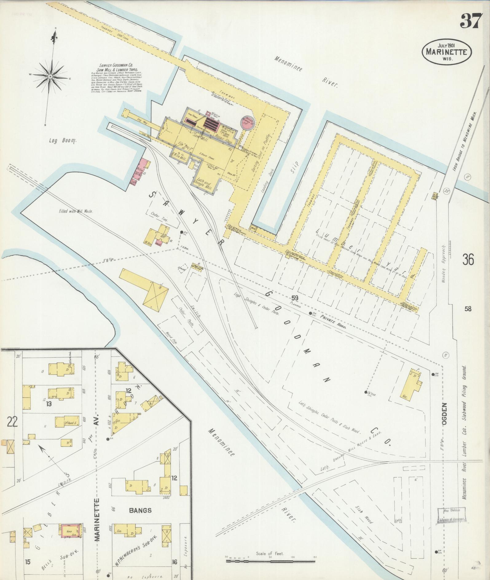 Sanborn Fire Insurance Map from Marinette, Marinette County, Wisconsin (1901), Sheet #0037 - Historic Sanborn Fire Insurance Map Print, vintage old map wall art, antique decor, genealogy gift, Wisconsin Wisconsin map