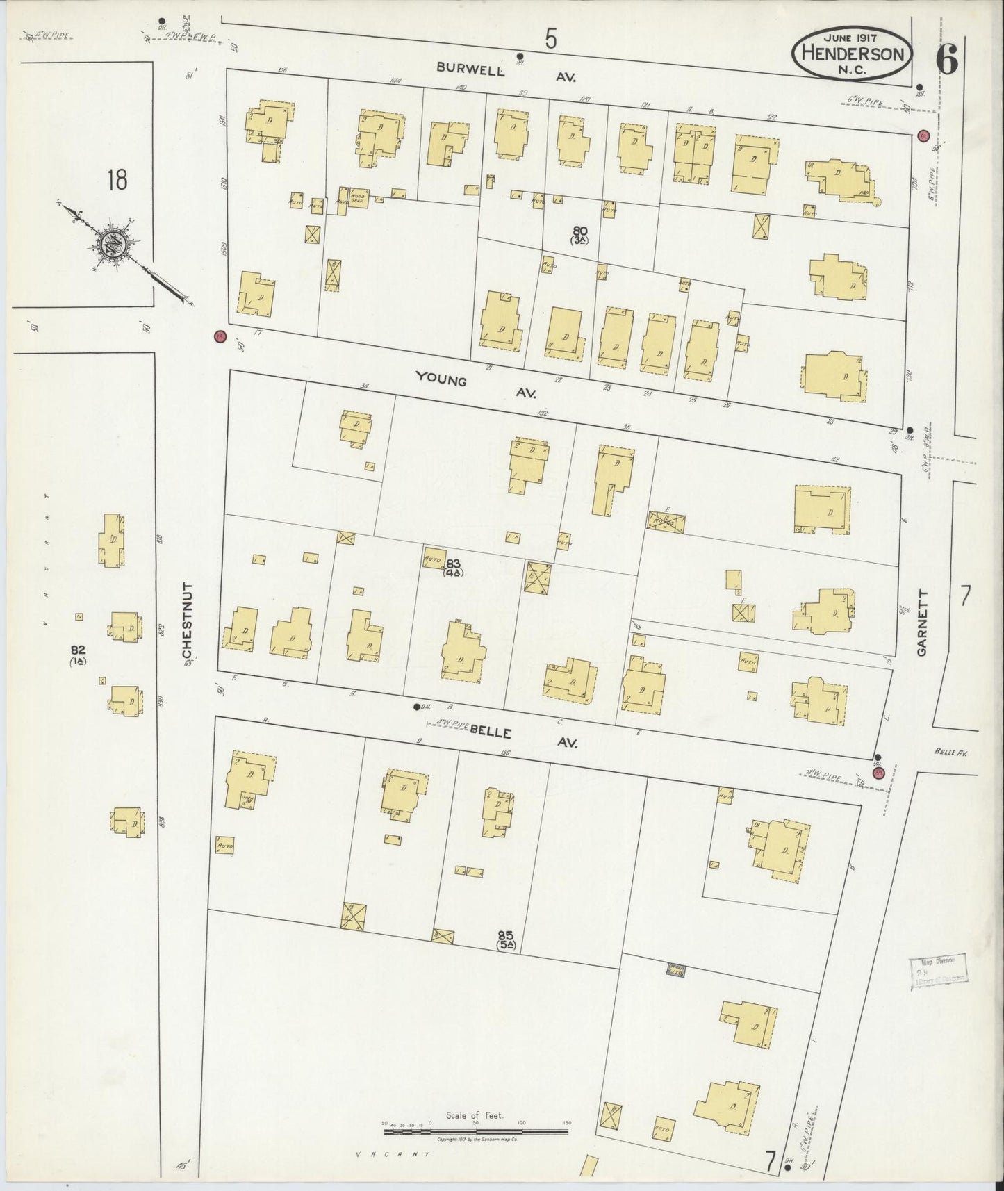 Sanborn Fire Insurance Map from Henderson, Vance County, North Carolina (1917), Sheet #0006 - Complete Map Set gallery image, historic Sanborn map, vintage wall art, North Carolina North Carolina