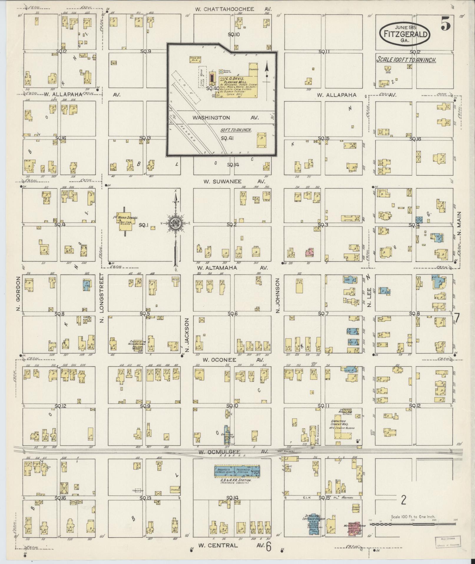 Sanborn Fire Insurance Map from Fitzgerald, Ben Hill County, Georgia (1915), Sheet #0005 - Complete Map Set gallery image, historic Sanborn map, vintage wall art, Georgia Georgia