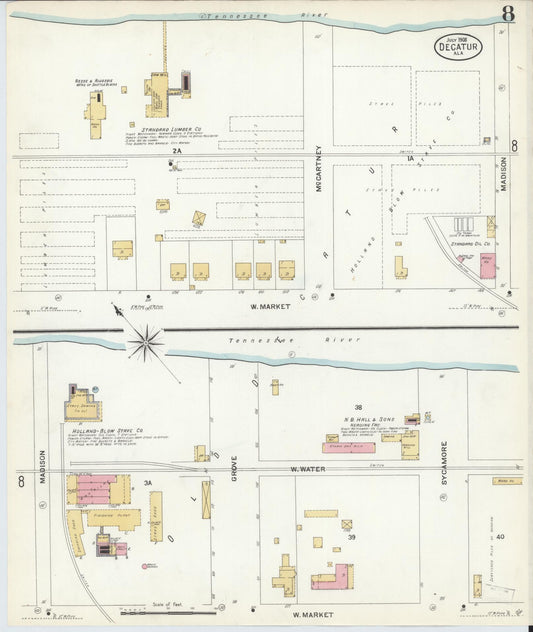 Sanborn Fire Insurance Map from Decatur, Morgan County, Alabama (1908), Sheet #0008 - Historic Sanborn Fire Insurance Map Print, vintage old map wall art, antique decor, genealogy gift, Alabama Alabama map