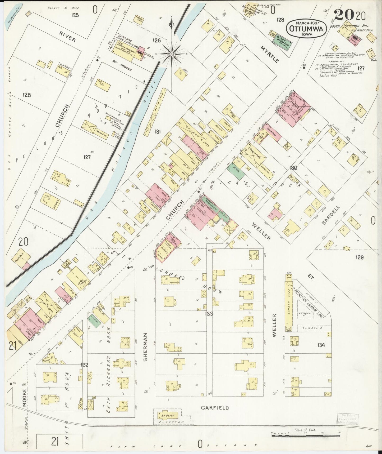 Sanborn Fire Insurance Map from Ottumwa, Wapello County, Iowa (1897), Sheet #0020 - Historic Sanborn Fire Insurance Map Print, vintage old map wall art
