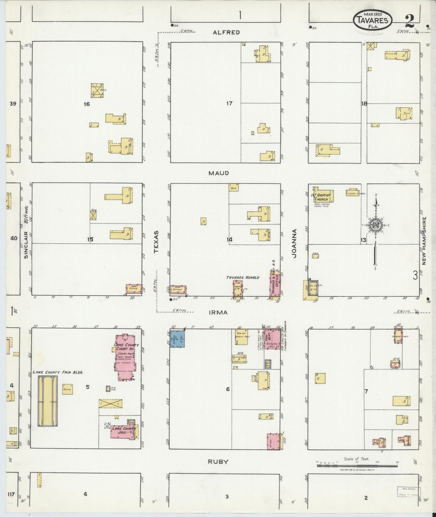Sanborn Fire Insurance Map from Tavares, Lake County, Florida (1920), Sheet #0002 - Complete Map Set gallery image, historic Sanborn map, vintage wall art, Florida Florida
