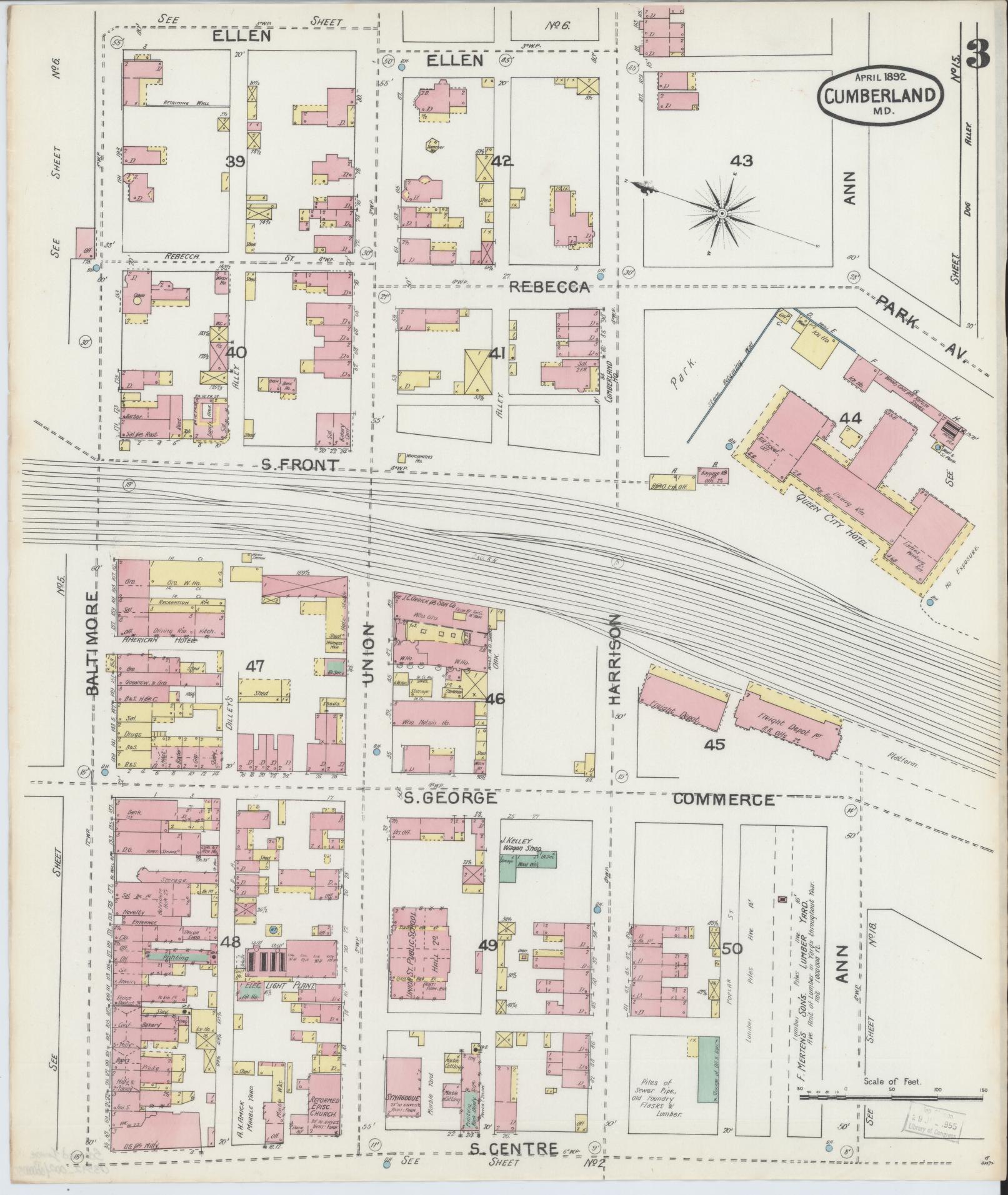 Sanborn Fire Insurance Map from Cumberland, Allegany County, Maryland (1892), Sheet #0003 - Historic Sanborn Fire Insurance Map Print, vintage old map wall art, antique decor, genealogy gift, Maryland Maryland map