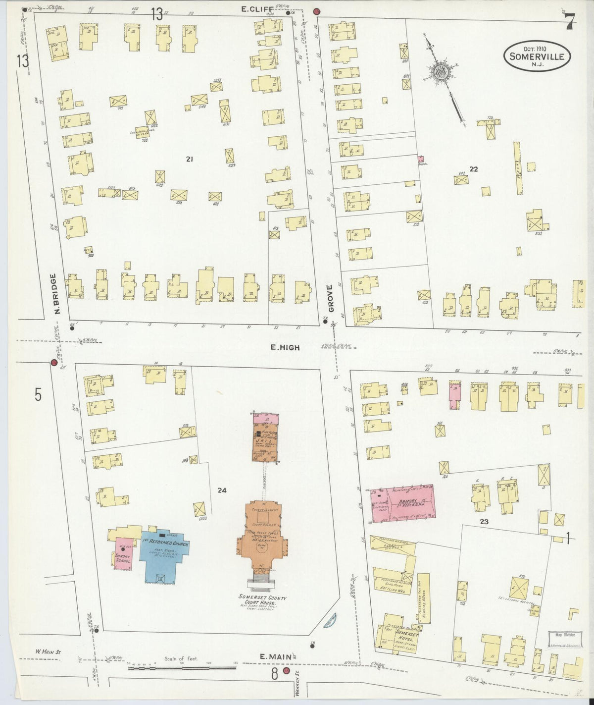 Sanborn Fire Insurance Map from Somerville, Somerset County, New Jersey (1910), Sheet #0007 - Historic Sanborn Fire Insurance Map Print, vintage old map wall art, antique decor, genealogy gift, New Jersey New Jersey map