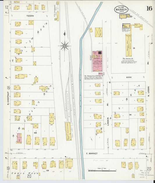 Sanborn Fire Insurance Map from Warren, Trumbull County, Ohio (1908), Sheet #0016 - Historic Sanborn Fire Insurance Map Print, vintage old map wall art, antique decor, genealogy gift, Ohio Ohio map