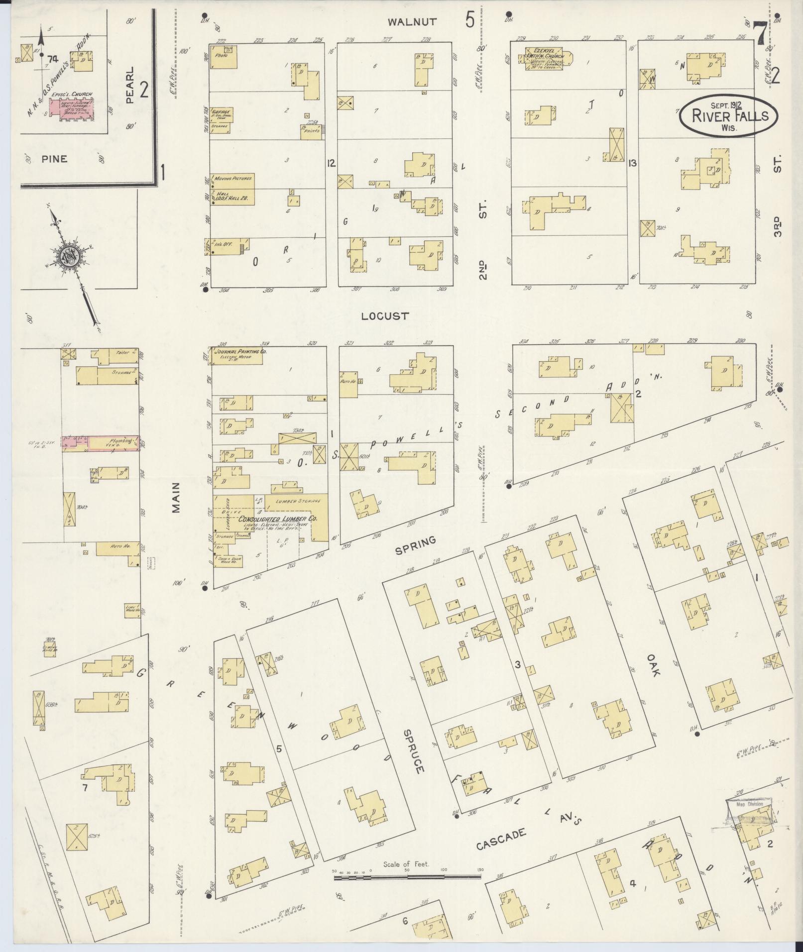 Sanborn Fire Insurance Map from River Falls, St. Croix and Pierce Counties, Wisconsin (1912), Sheet #0007 - Complete Map Set gallery image, historic Sanborn map, vintage wall art, Wisconsin Wisconsin