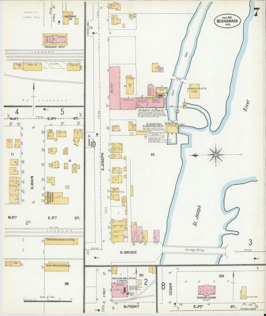 Sanborn Fire Insurance Map from Mishawaka, Saint Joseph County, Indiana (1901), Sheet #0007 - Historic Sanborn Fire Insurance Map Print, vintage old map wall art, antique decor, genealogy gift, Indiana Indiana map