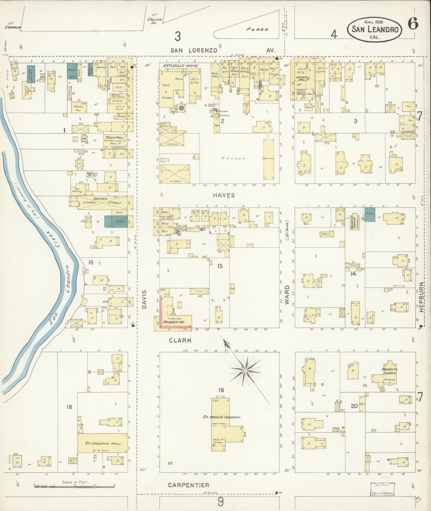 Sanborn Fire Insurance Map from San Leandro, Alameda County, California (1898), Sheet #0006 - Complete Map Set gallery image, historic Sanborn map, vintage wall art, California California