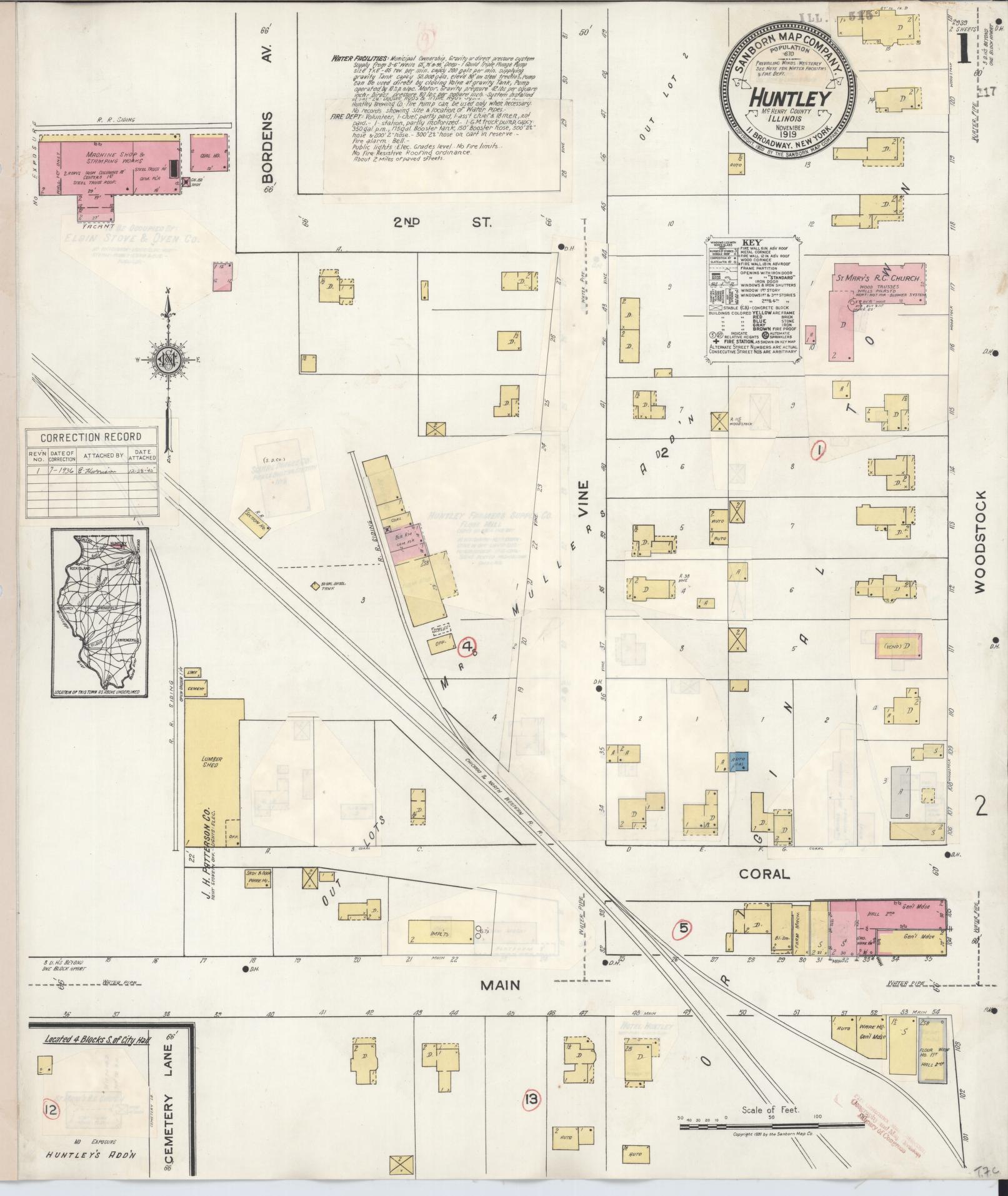 Sanborn Fire Insurance Map from Huntley, McHenry County, Illinois (1936), Sheet #0001 - Historic Sanborn Fire Insurance Map Print, vintage old map wall art, antique decor, genealogy gift, Illinois Illinois map