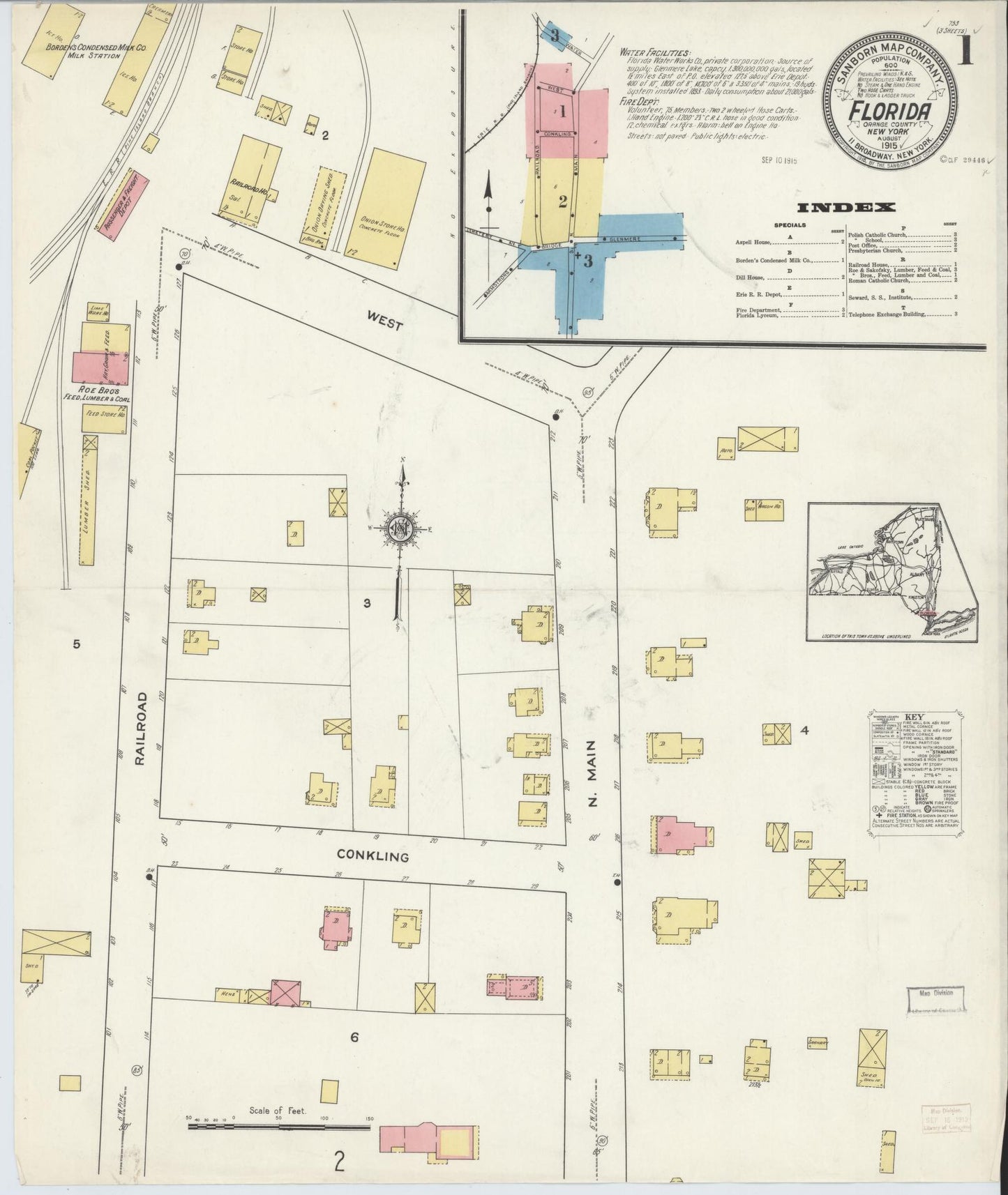 Sanborn Fire Insurance Map from Florida, Orange County, New York (1915), Sheet #0001 - Historic Sanborn Fire Insurance Map Print, vintage old map wall art, antique decor, genealogy gift, Florida Florida map