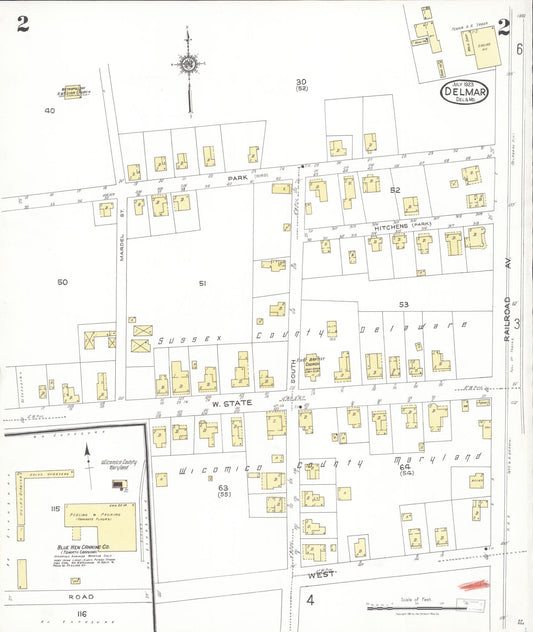 Sanborn Fire Insurance Map from Delmar, Sussex County, Del., And Wicomico County, MD, Delaware (1923), Sheet #0002 - Historic Sanborn Fire Insurance Map Print, vintage old map wall art, antique decor, genealogy gift, Delaware Delaware map