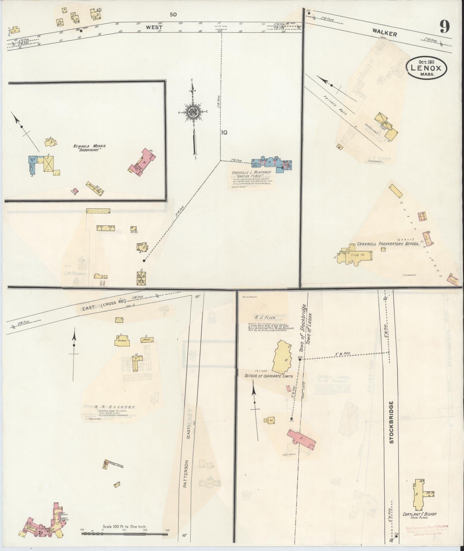 Sanborn Fire Insurance Map from Lenox, Berkshire County, Massachusetts (1939), Sheet #0009 - Historic Sanborn Fire Insurance Map Print, vintage old map wall art, antique decor, genealogy gift, Massachusetts Massachusetts map