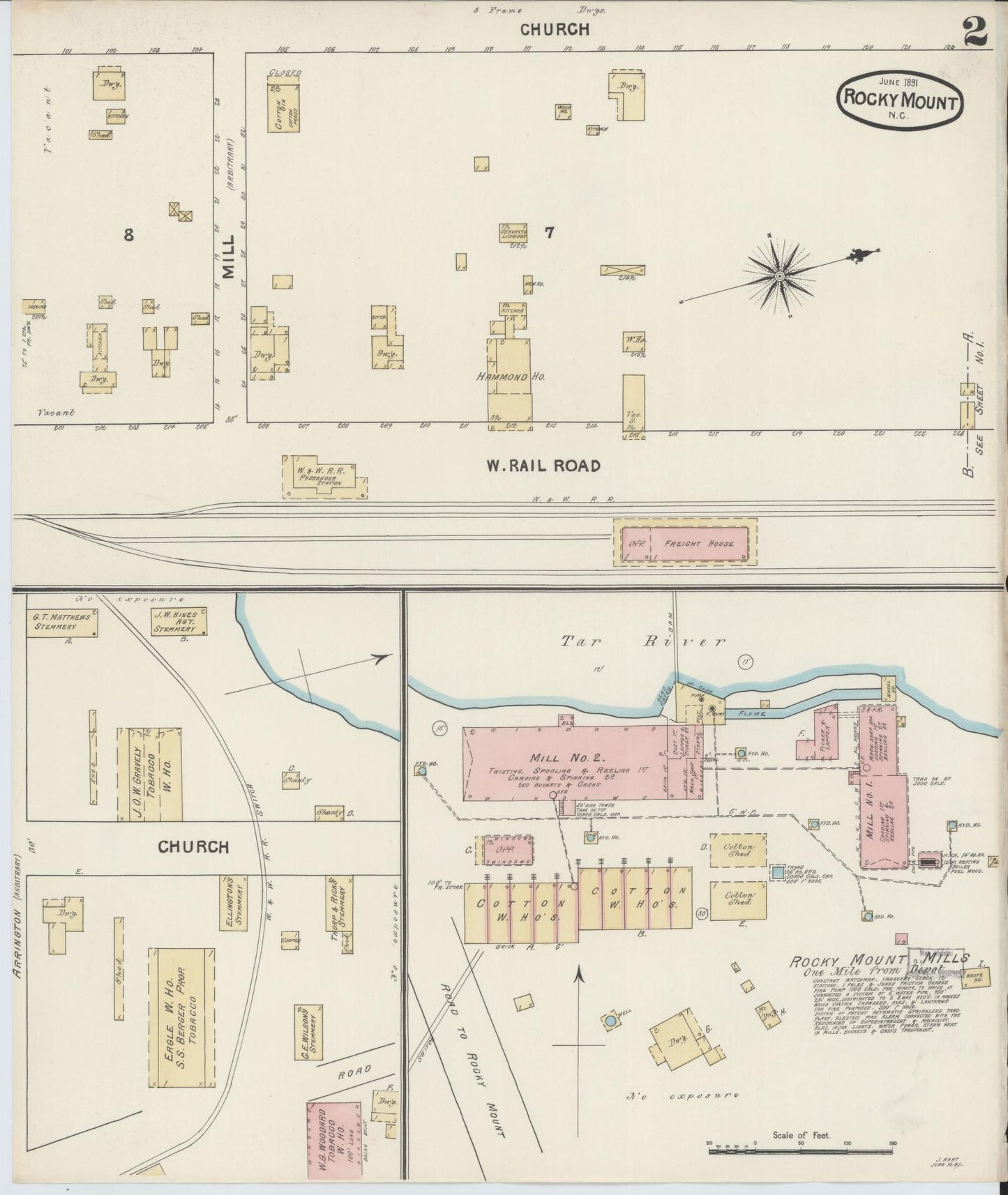 Sanborn Fire Insurance Map from Rocky Mount, Edgecombe And Nash Counties, North Carolina (1891), Sheet #0002 - Historic Sanborn Fire Insurance Map Print, vintage old map wall art, antique decor, genealogy gift, North Carolina North Carolina map