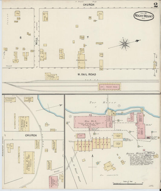 Sanborn Fire Insurance Map from Rocky Mount, Edgecombe And Nash Counties, North Carolina (1891), Sheet #0002 - Historic Sanborn Fire Insurance Map Print, vintage old map wall art, antique decor, genealogy gift, North Carolina North Carolina map