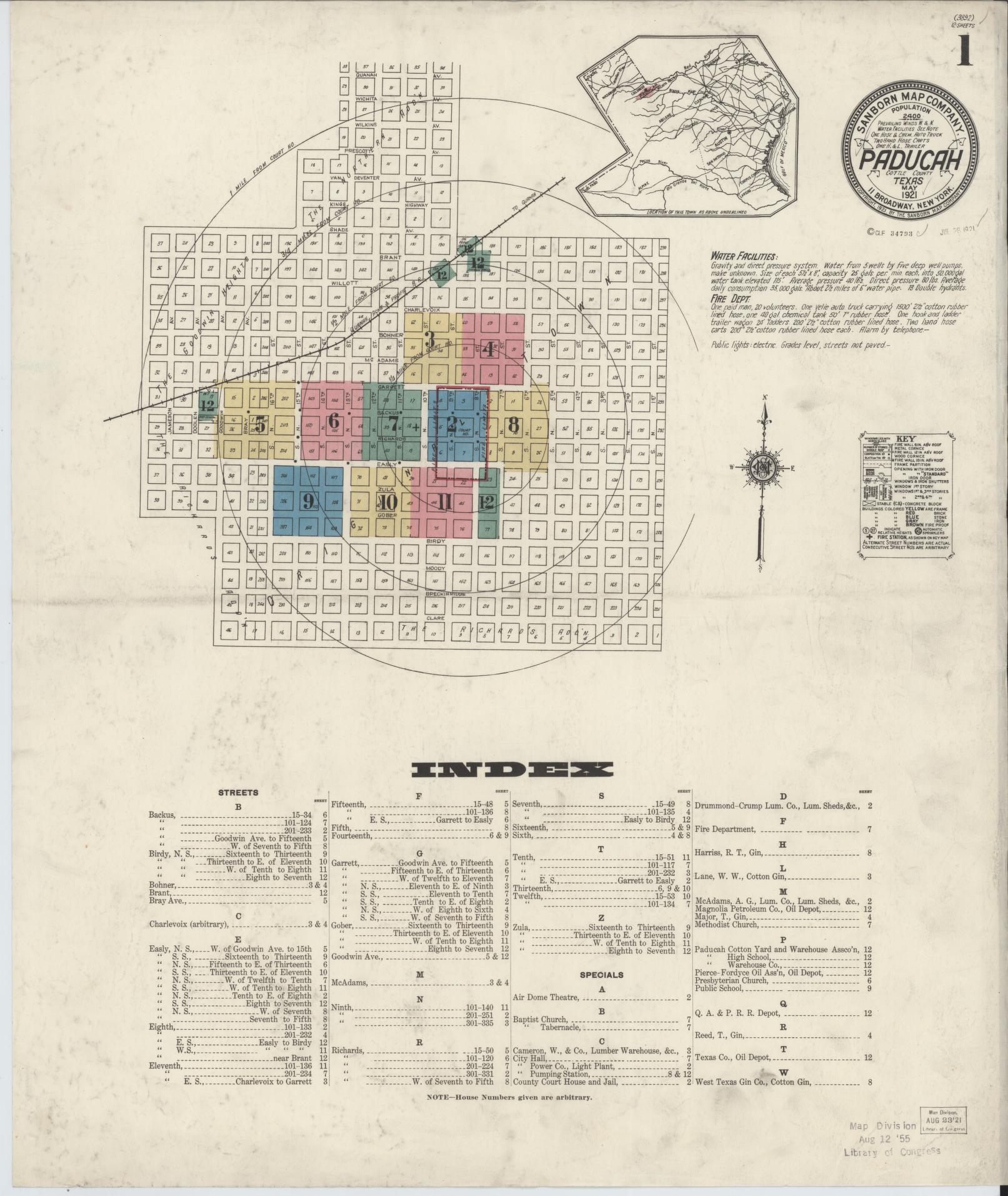 Sanborn Fire Insurance Map from Paducah, Cottle County, Texas (1921), Sheet #0001 - Complete Map Set gallery image, historic Sanborn map, vintage wall art, Texas Texas