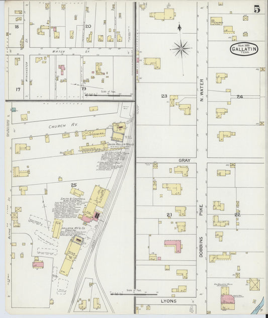 Sanborn Fire Insurance Map from Gallatin, Sumner County, Tennessee (1893), Sheet #0005 - Historic Sanborn Fire Insurance Map Print, vintage old map wall art, antique decor, genealogy gift, Tennessee Tennessee map