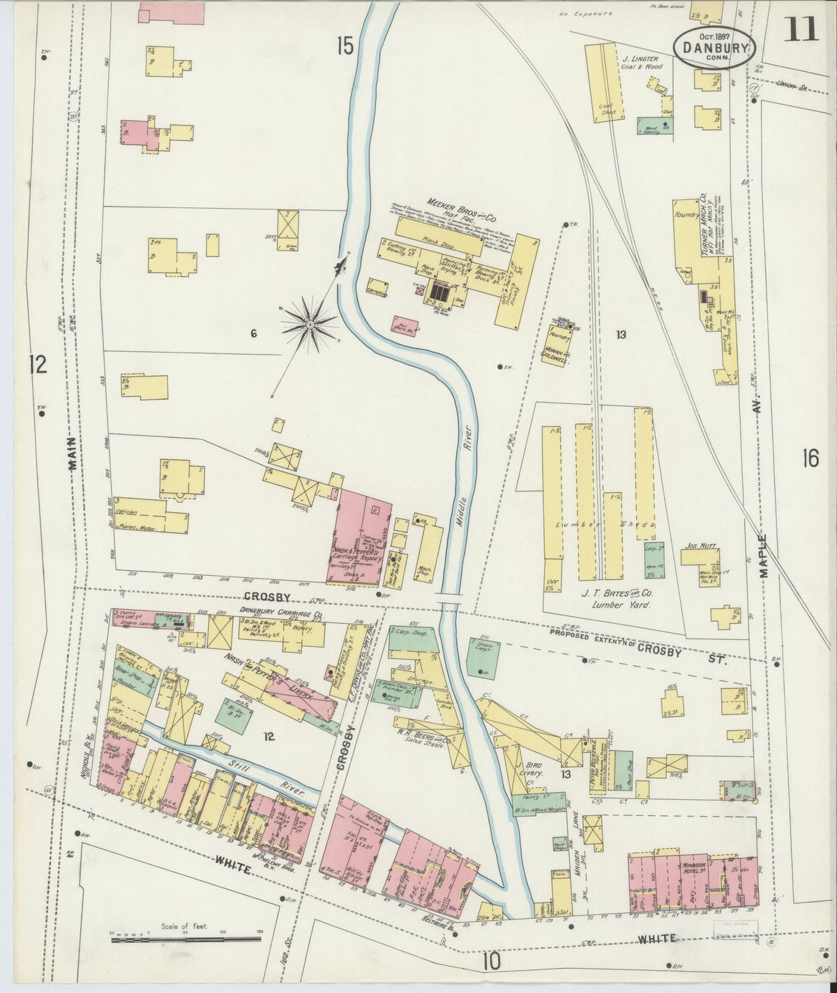 Sanborn Fire Insurance Map from Danbury, Fairfield County, Connecticut (1897), Sheet #0011 - Historic Sanborn Fire Insurance Map Print, vintage old map wall art, antique decor, genealogy gift, Connecticut Connecticut map