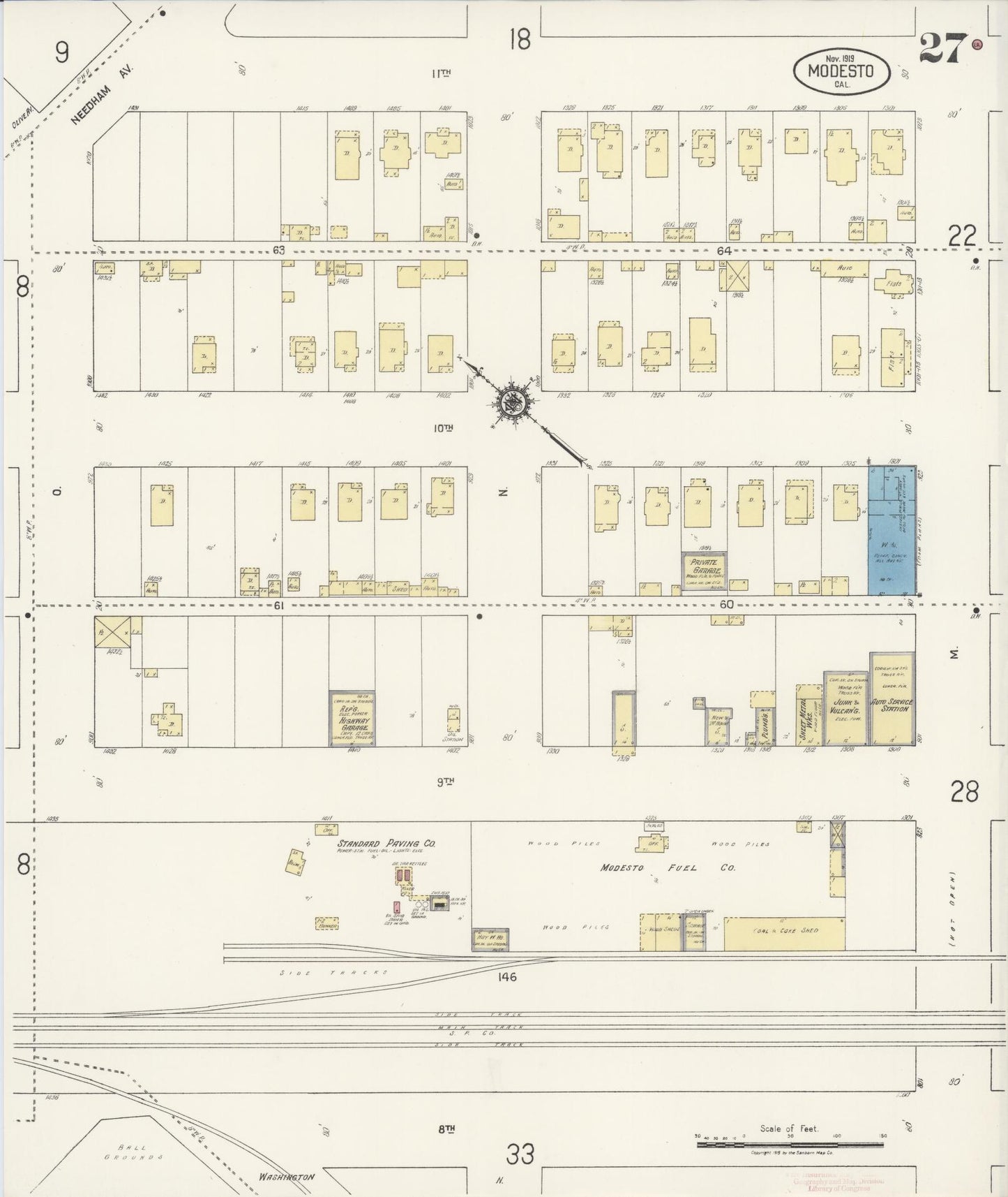 Sanborn Fire Insurance Map from Modesto, Stanislaus County, California (1919), Sheet #0027 - Complete Map Set gallery image, historic Sanborn map, vintage wall art, California California