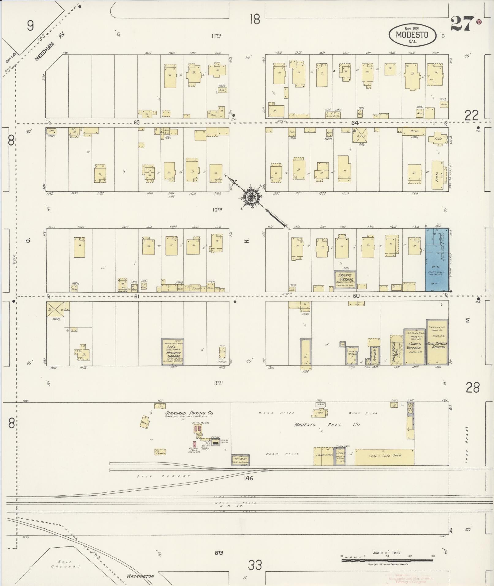 Sanborn Fire Insurance Map from Modesto, Stanislaus County, California (1919), Sheet #0027 - Complete Map Set gallery image, historic Sanborn map, vintage wall art, California California