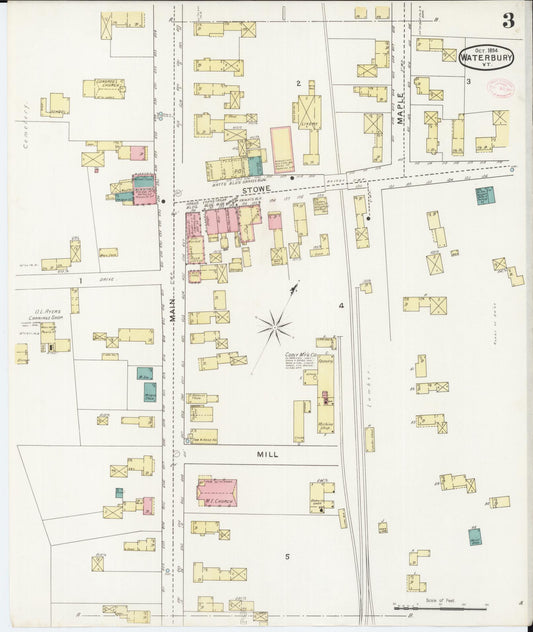 Sanborn Fire Insurance Map from Waterbury, Washington County, Vermont (1894), Sheet #0003 - Historic Sanborn Fire Insurance Map Print, vintage old map wall art, antique decor, genealogy gift, Vermont Vermont map