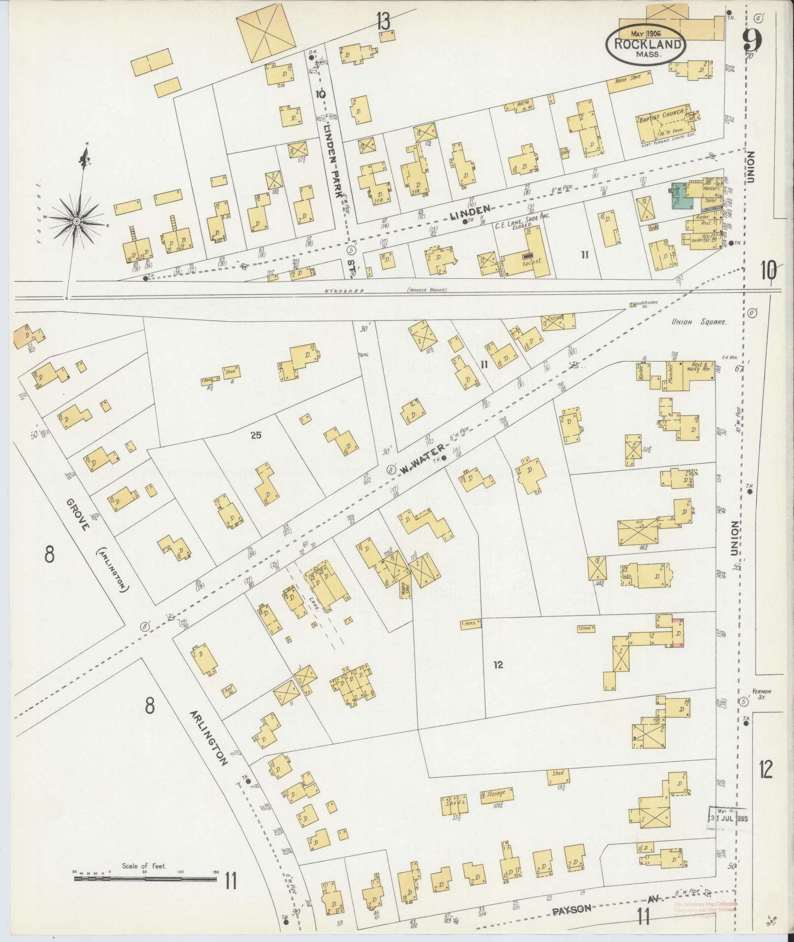 Sanborn Fire Insurance Map from Rockland, Plymouth County, Massachusetts (1906), Sheet #0009 - Complete Map Set gallery image, historic Sanborn map, vintage wall art, Massachusetts Massachusetts