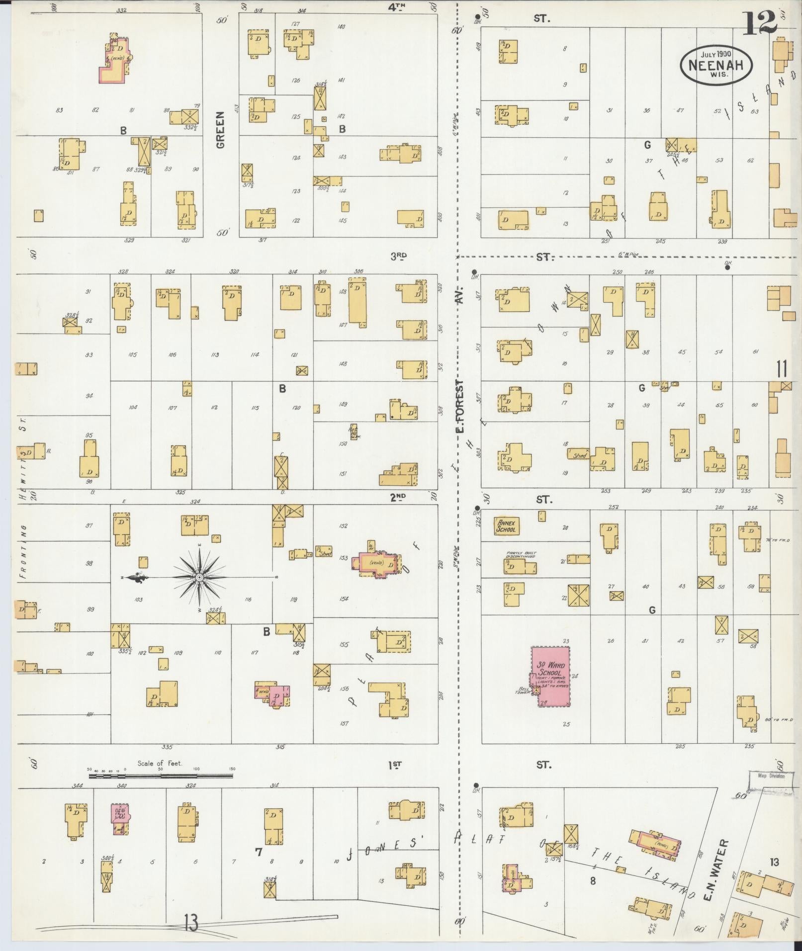 Sanborn Fire Insurance Map from Neenah, Winnebago County, Wisconsin (1900), Sheet #0012 - Complete Map Set gallery image, historic Sanborn map, vintage wall art, Wisconsin Wisconsin