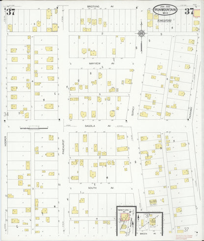 Sanborn Fire Insurance Map from Iron Mountain, Dickinson County, Michigan (1930), Sheet #0037 - Historic Sanborn Fire Insurance Map Print, vintage old map wall art, antique decor, genealogy gift, Michigan Michigan map