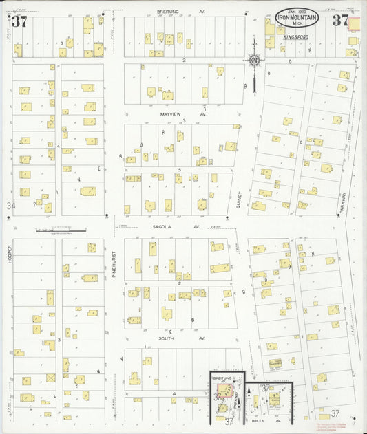 Sanborn Fire Insurance Map from Iron Mountain, Dickinson County, Michigan (1930), Sheet #0037 - Historic Sanborn Fire Insurance Map Print, vintage old map wall art, antique decor, genealogy gift, Michigan Michigan map